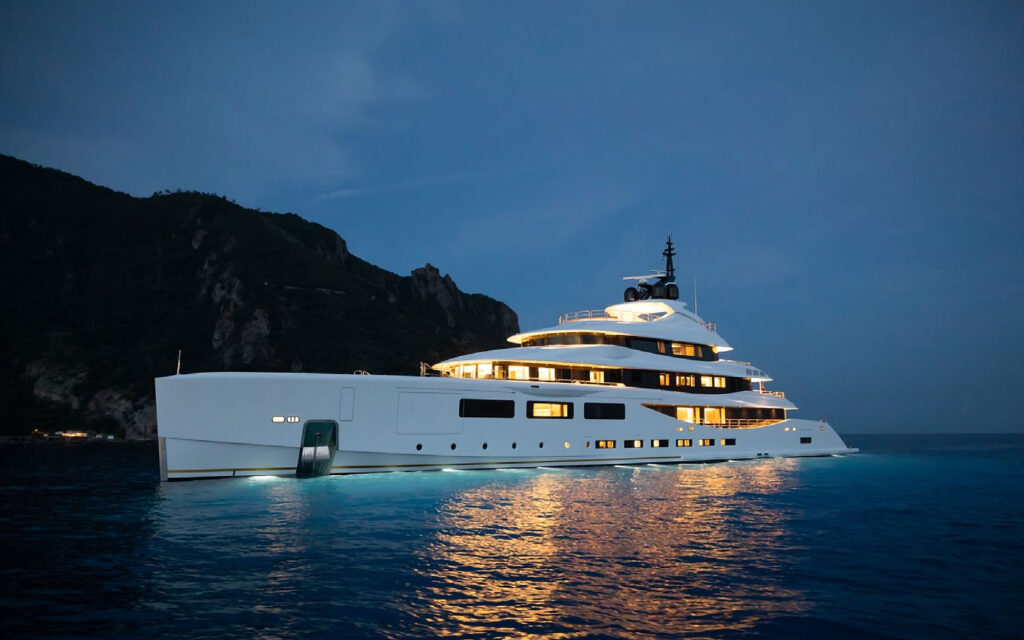 Superyacht ALFA lit up at night