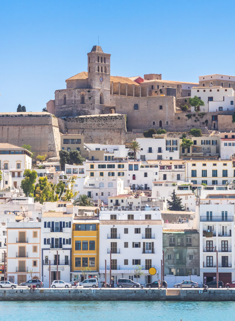 The distinctive Ibiza architecture reflects a mediterranean style. View of the old Ibiza town.