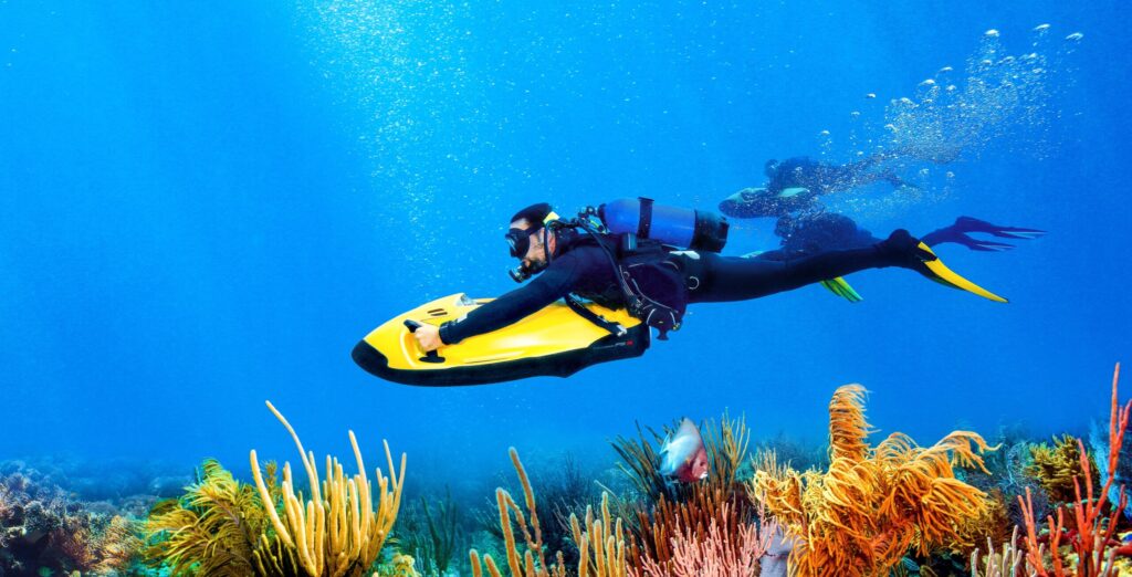 SCUBA Divers using seabobs