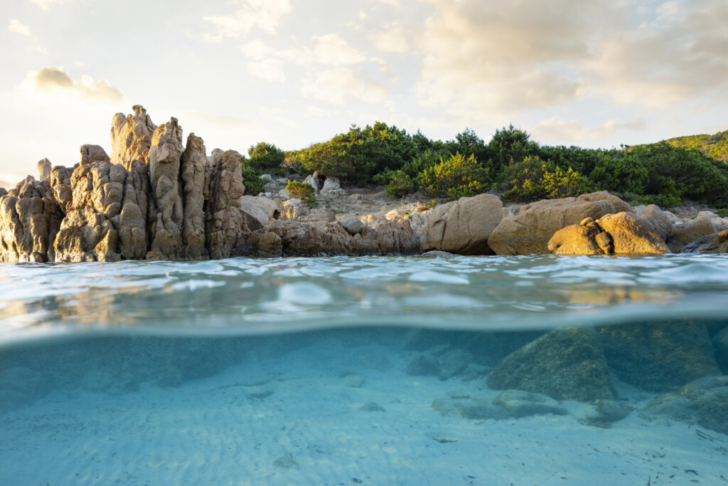 Split shot, over under photo. Half underwater with turquoise water and a rocky coast on the water surface. Prince Beach (Spiaggia del Principe) Sardinia, Italy.