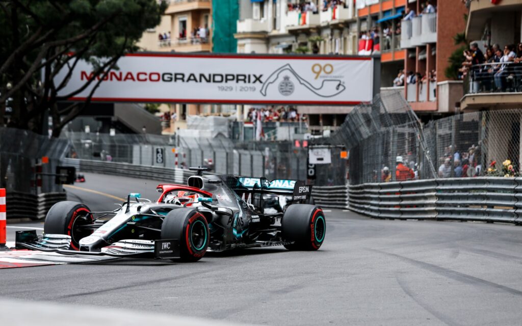 Lewis Hamilton racing his 2019 Mercedes f1 car around Monte Carlo