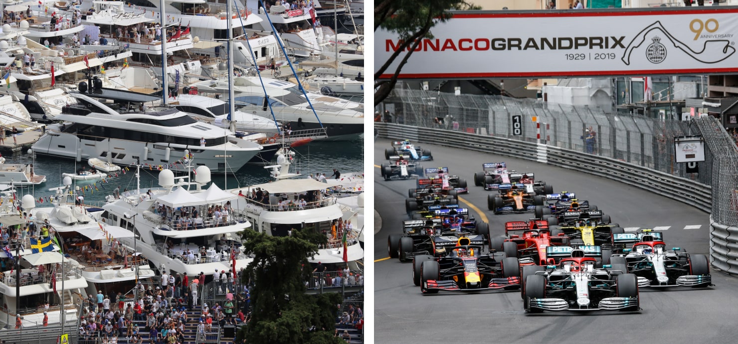 superyachts and f1 cars at the monaco grand prix