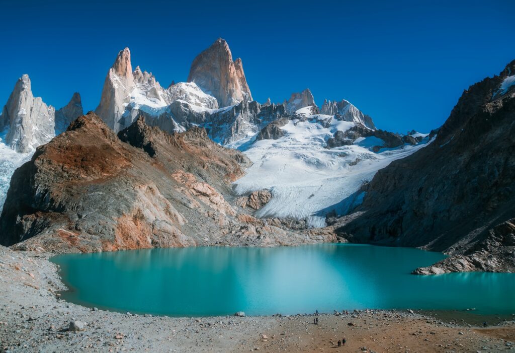 Mount fitzroy behind a perfect blue lake