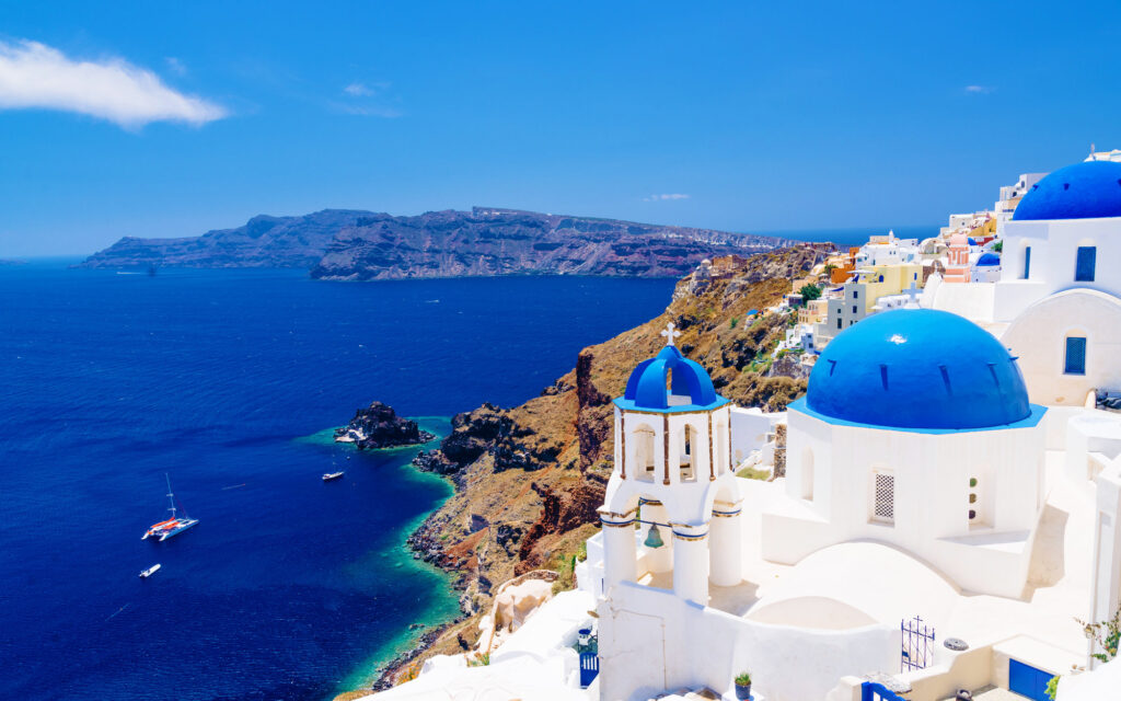 Iconic Santorini blue roof buildings